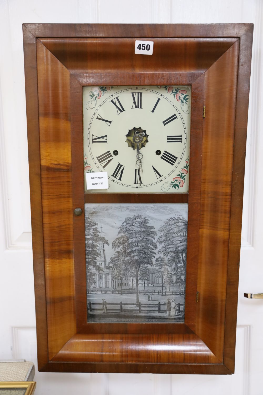 A mid 19th century American wall clock by Seth Thomas, Plymouth Hollow, Connecticut, in walnut veneered case, 66cm